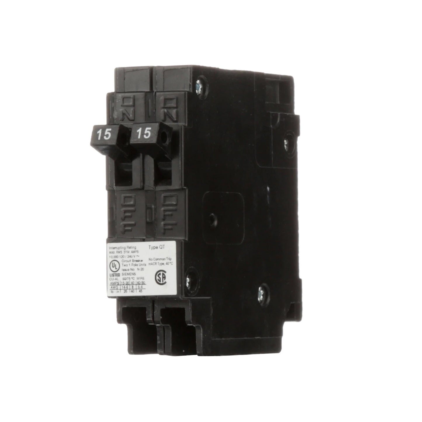 Q1515NC Siemens 15-15 Amp 1-Pole Type QT Duplex Style Thermal Magnetic Circuit Breaker